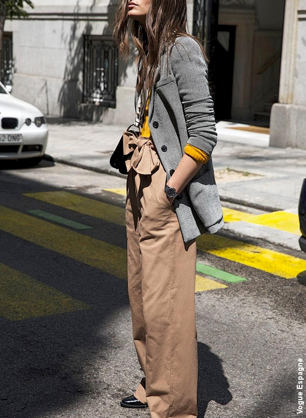 Pantalon large camel + veste grise