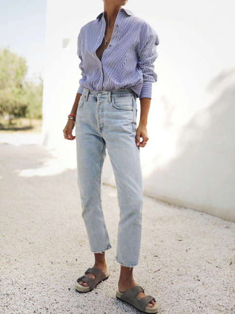 Oui au trio sandales roots/chemise masculine/jean droit taille haute 7/8 !
