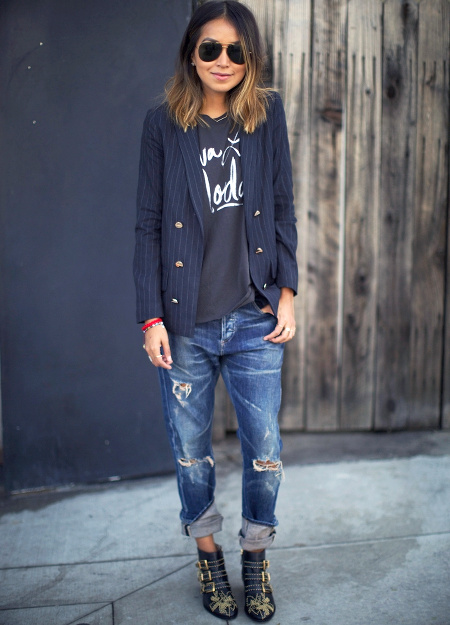 Blazer  rayures + jean destroy + boots