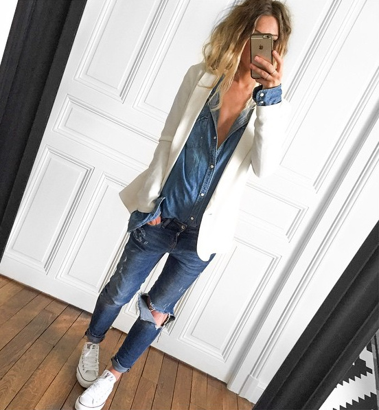 Le blazer blanc, id�al pour booster le trio jean/chemise en denim/converses blanches !