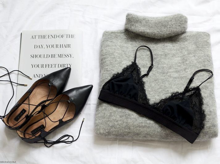 Ballerines pointues � lacets + �pais pull gris perle + d�licate lingerie = le bon mix