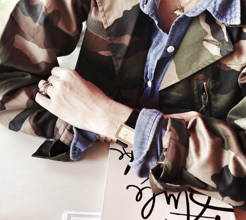 Veste camouflage + chemise en jean = le bon mix