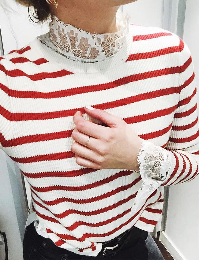 Cet hiver, on n'h�site pas � associer dentelle et rayures marini�re