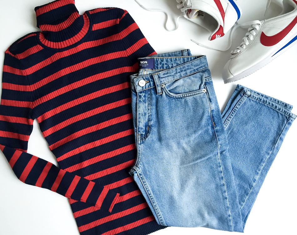 Pull chaussette ray� + jean clair + baskets esprit vintage = le bon mix