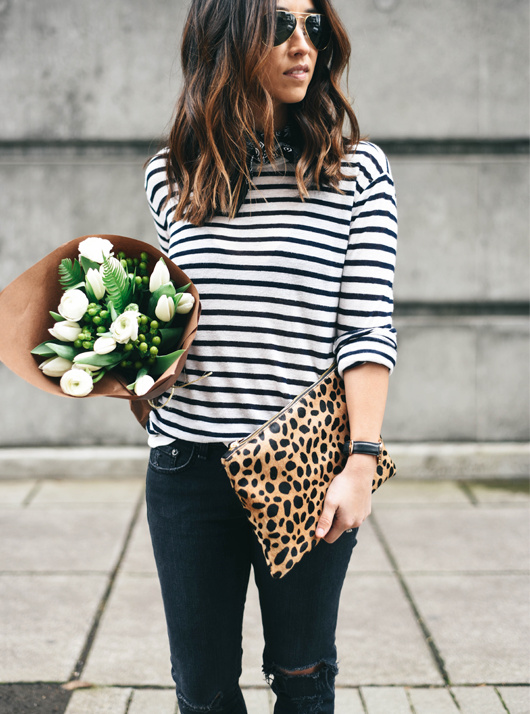 On ne se lasse pas du mix rayures marini�re/imprim� l�opard !