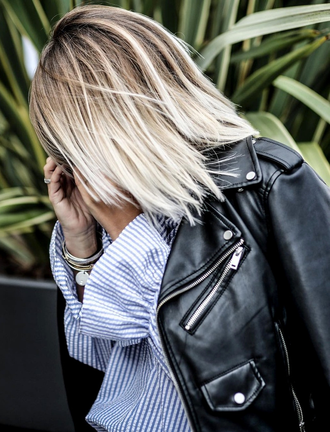 Perfecto rock + blouse romantique ray�e bleue = le bon mix