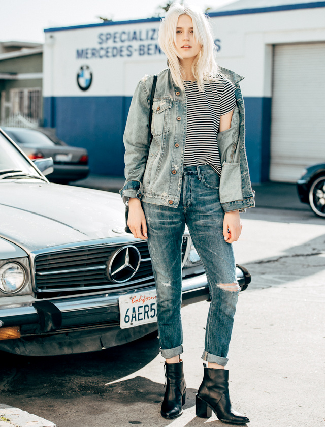 Jean + jean + rayures + touche de noir = le bon mix