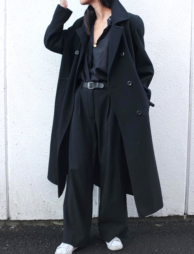 Pardessus masculin + pantalon large + chemise g�n�reusement d�boutonn�e = le bon mix