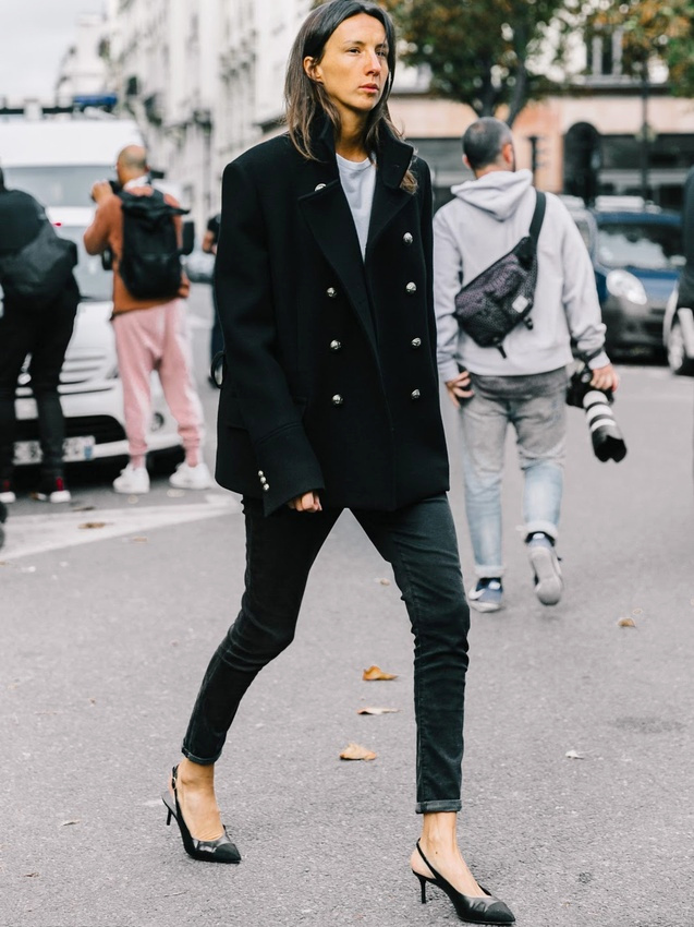 Caban + escarpins slingback = le bon mix