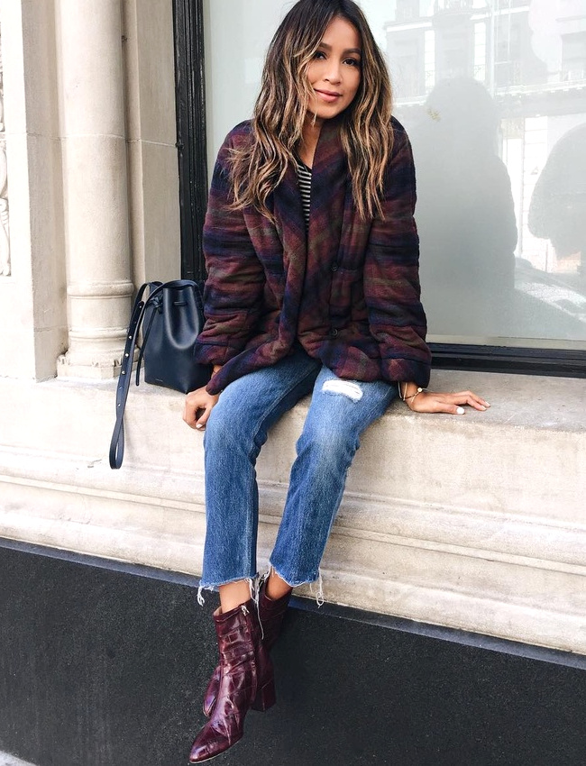 Grosse veste douillette � carreaux + boots pointues = le bon mix