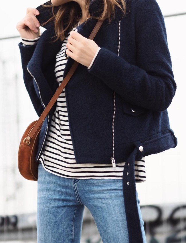 Rayures marini�re + laine bleu marine + cuir marron = le bon mix