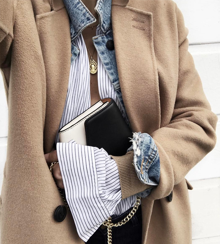 Pardessus camel + veste en jean + gilet camel + chemise ray�e = le bon mix