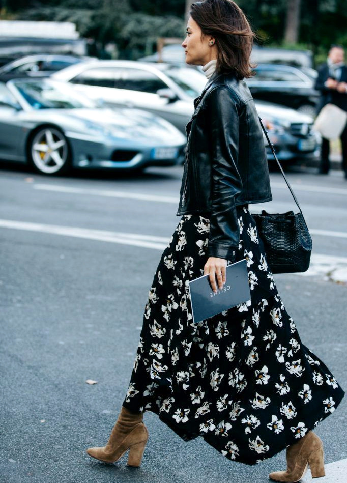 Longue robe fleurie sur fond noir + perfecto noir = le bon mix