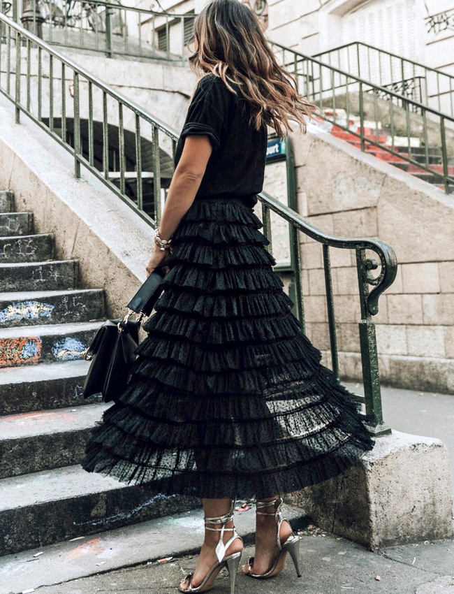 D�clin� en noir, le jupon plumetis � volants gagne en portabilit�