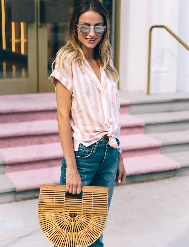 Chemise � rayures roses et blanches + n�o panier en osier = le bon mix