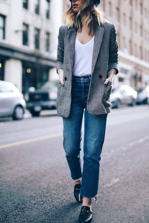 Blazer prince de Galles + jean coup� court sur la cheville + mocassins = le bon mix