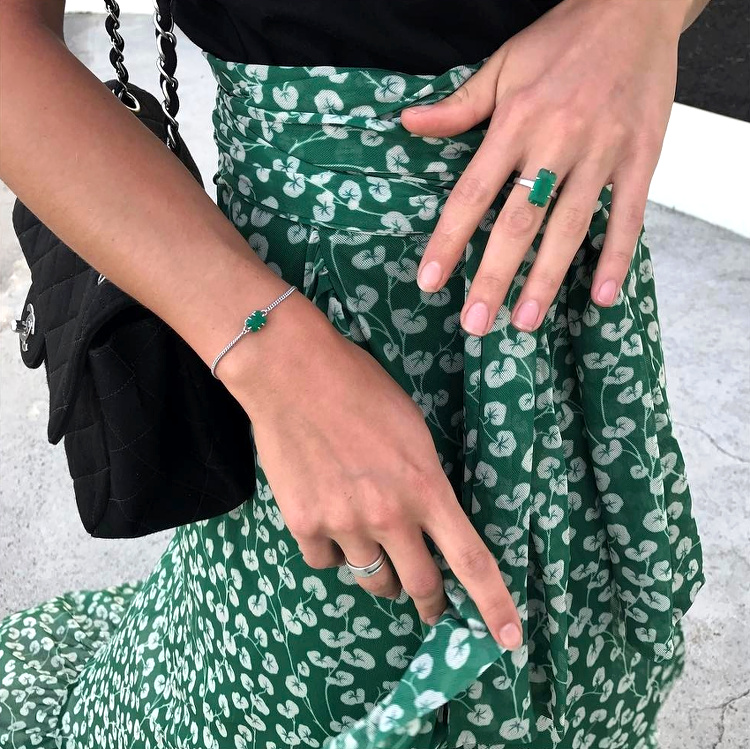 Pi�ces unies noires + mod�le vert imprim� = le bon mix