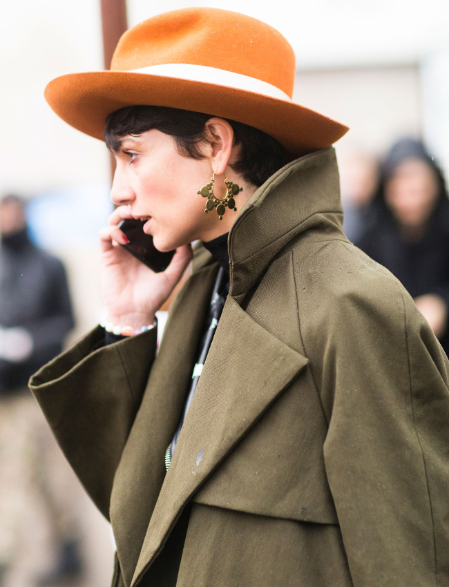 F�dora + maxi boucles d'oreilles + trench XXL = le bon mix