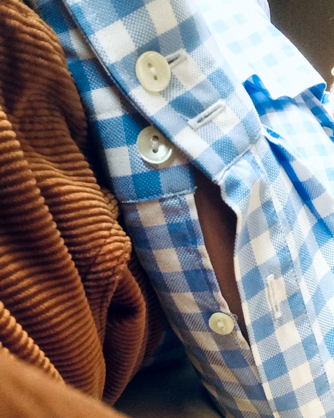 Vichy bleu + velours c�tel� caramel = le bon mix