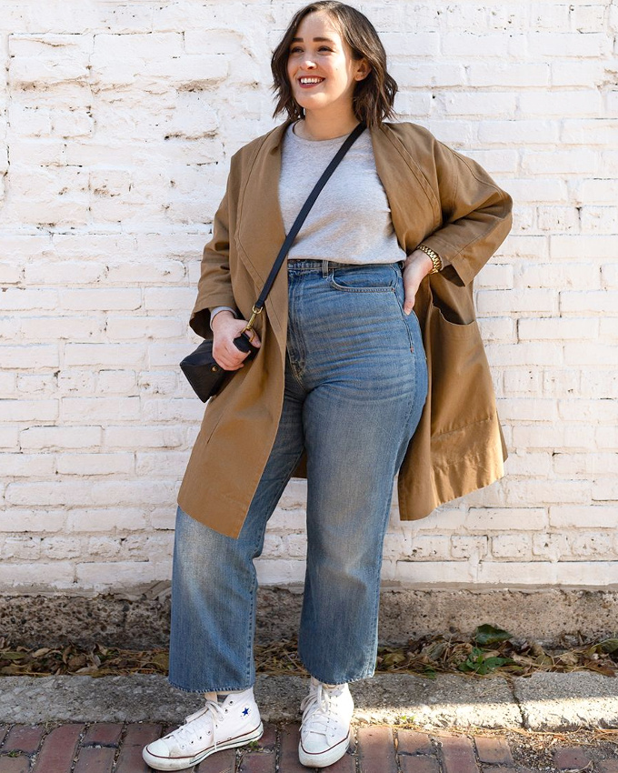 Veste 3/4 camel + jean large 7/8 + baskets blanches = le bon mix