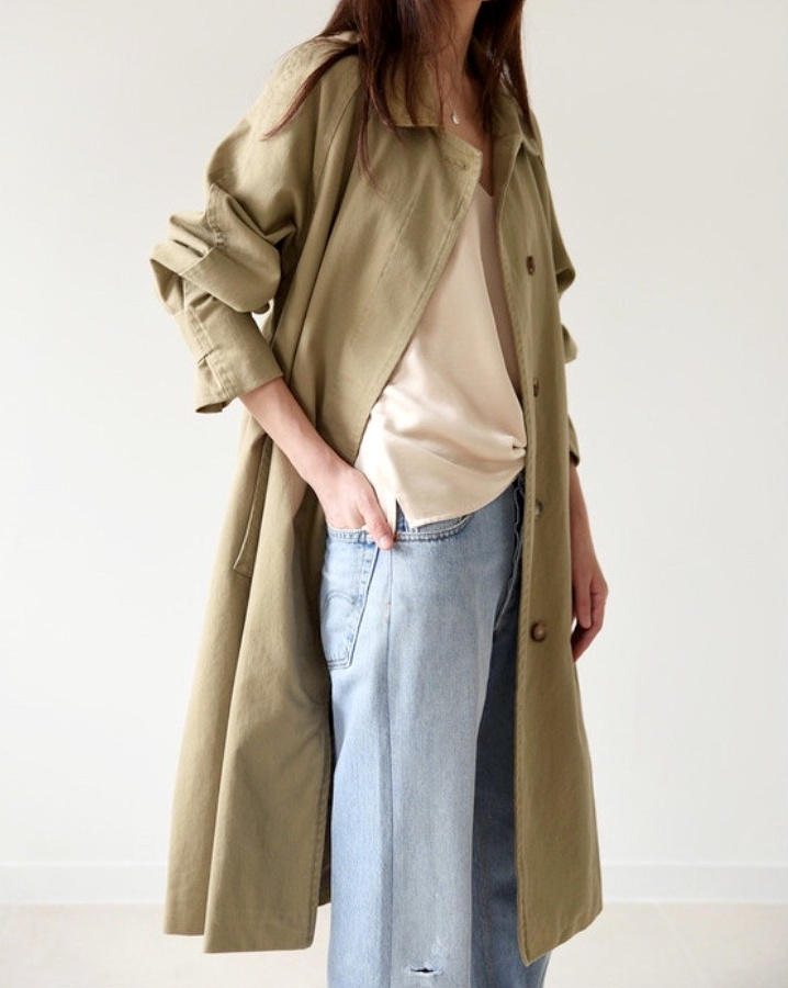 Oui au mix trench vert lichen/jean large bleu d�lav� !