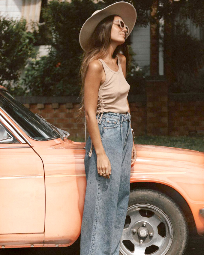 Marcel �troit + jean large + lunettes de soleil � large monture pastel = le bon mix