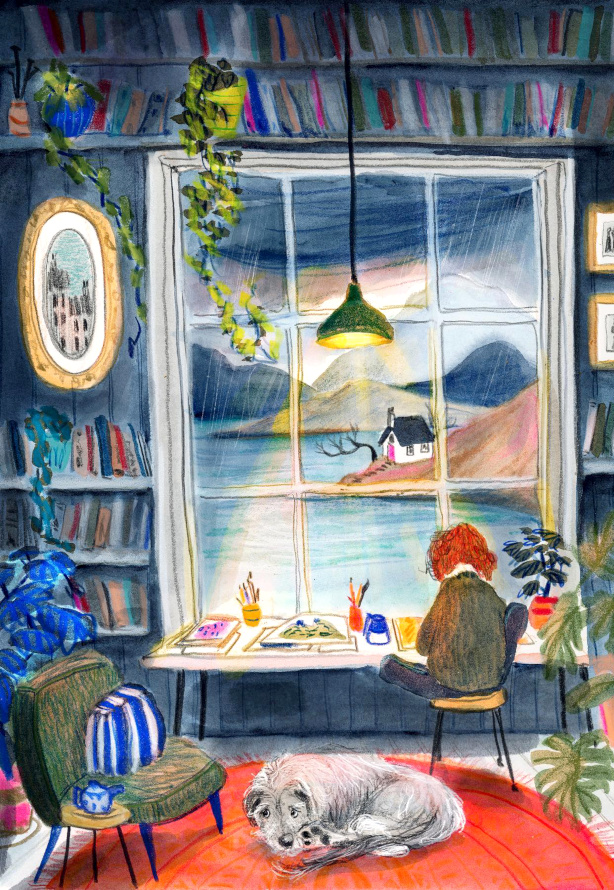 Vue sur un lac myst�rieux + pinceaux en tous genres + int�rieur cosy = le bon mix