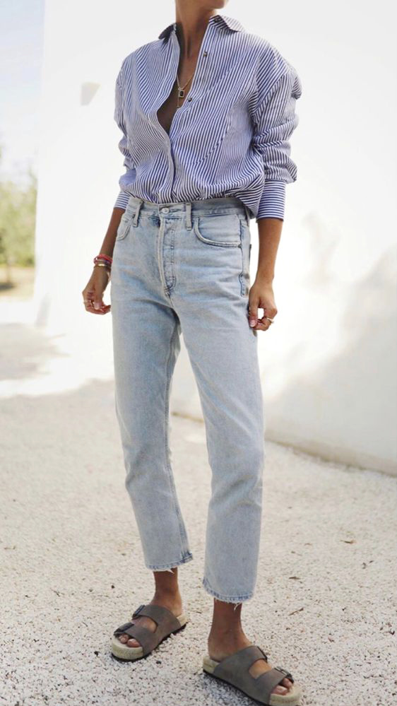 Chemise raye + jean droit 7/8 + Birkenstock Arizona = le bon mix