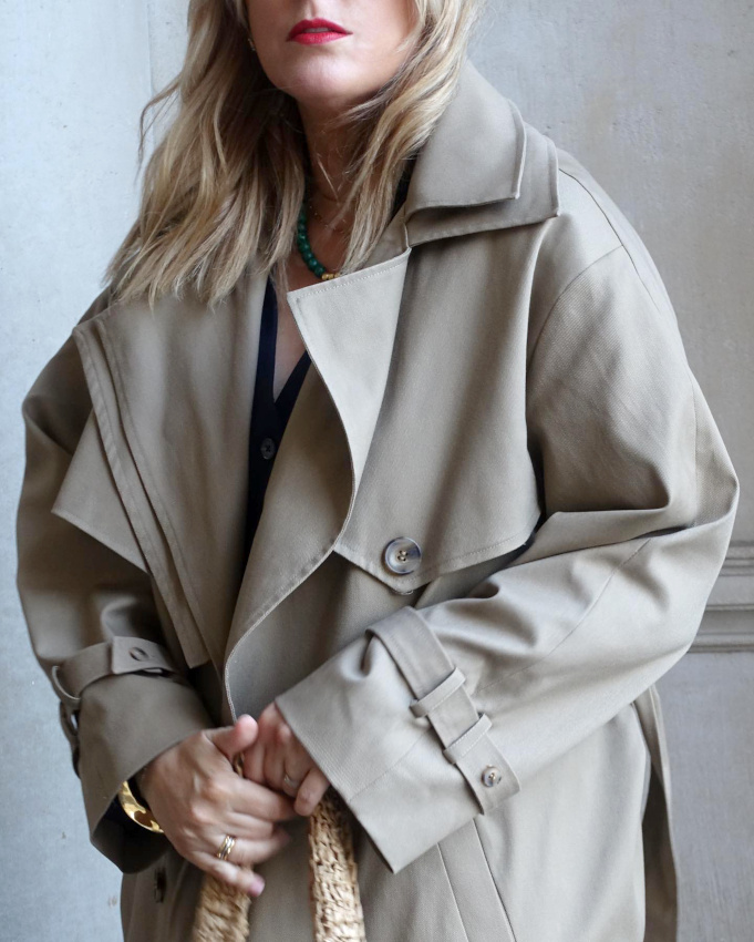 Oui au mix entre trench oversize et cabas en raphia !