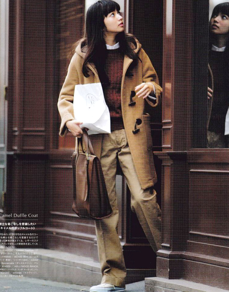 Duffle-coat beige + pantalon en toile bien long + converses = le bon mix