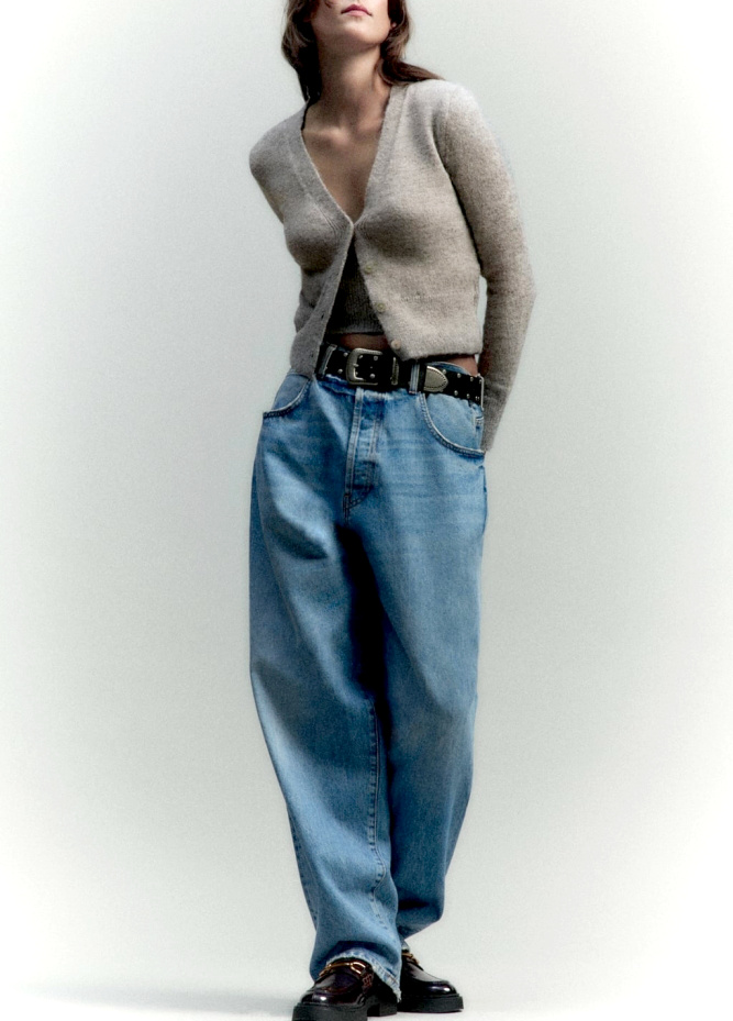 Cardigan  peine court + jean large taille basse + grosse ceinture = le bon mix