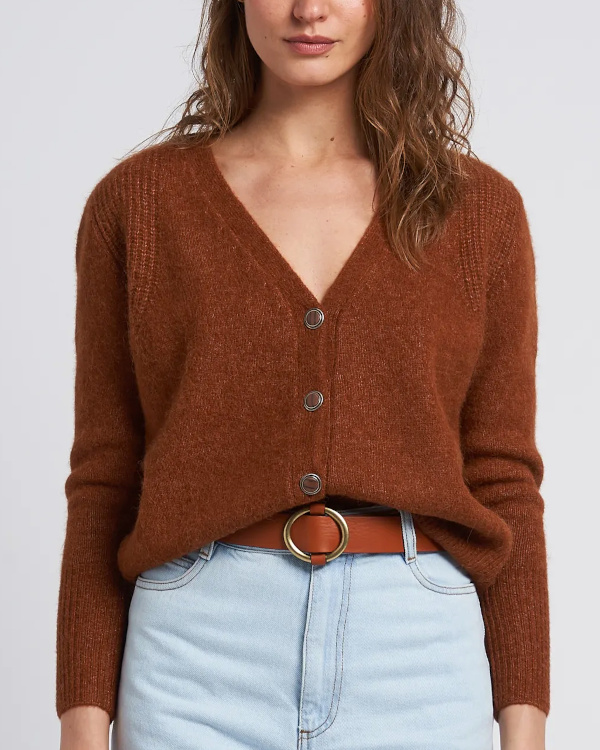 Cardigan col V en laine mlange marron