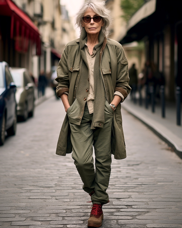 Look femme 65 ans veste kaki