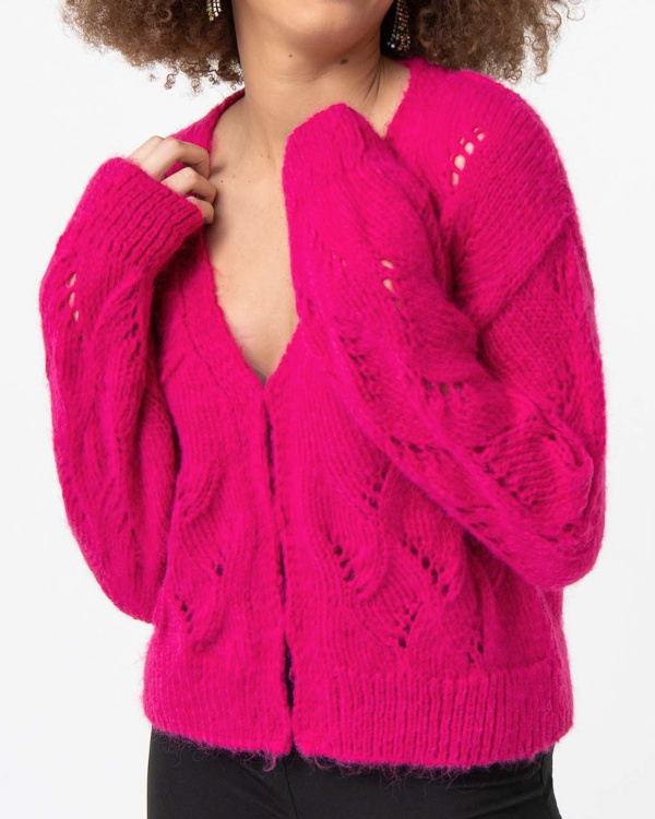 Gilet femme en maille fantaisie ajoure rose