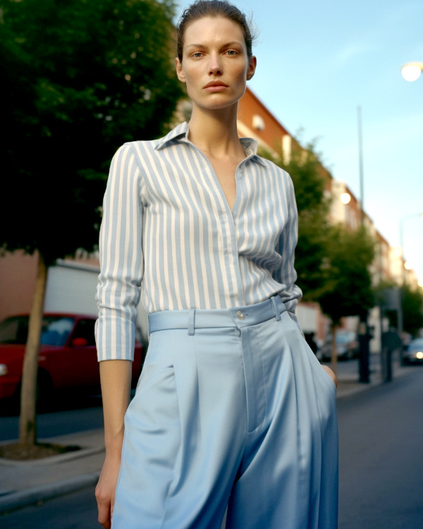 Pantalon bleu clair et chemise raye