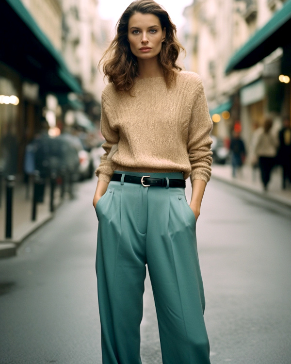 Pantalon bleu canard et pull marron