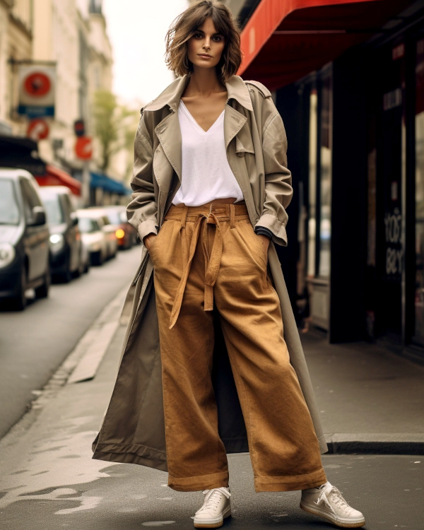 Trench, pantalon large et baskets blanches