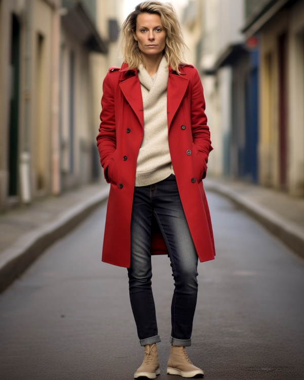 Manteau rouge, slim et baskets