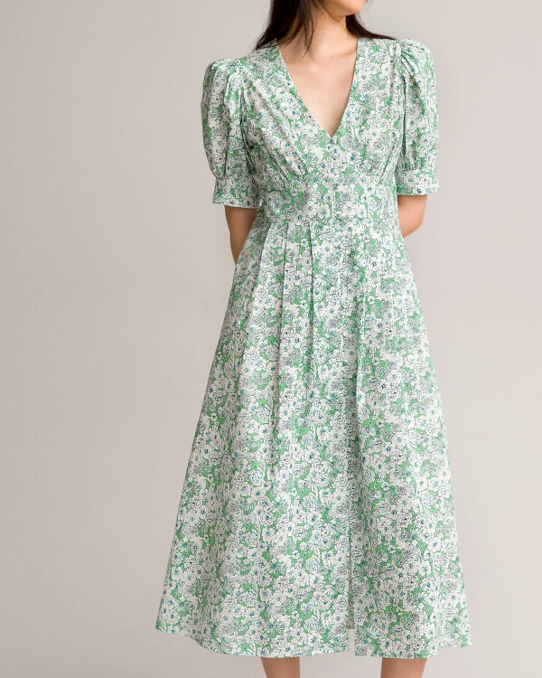 Robe longue vase, col V, imprim floral vert