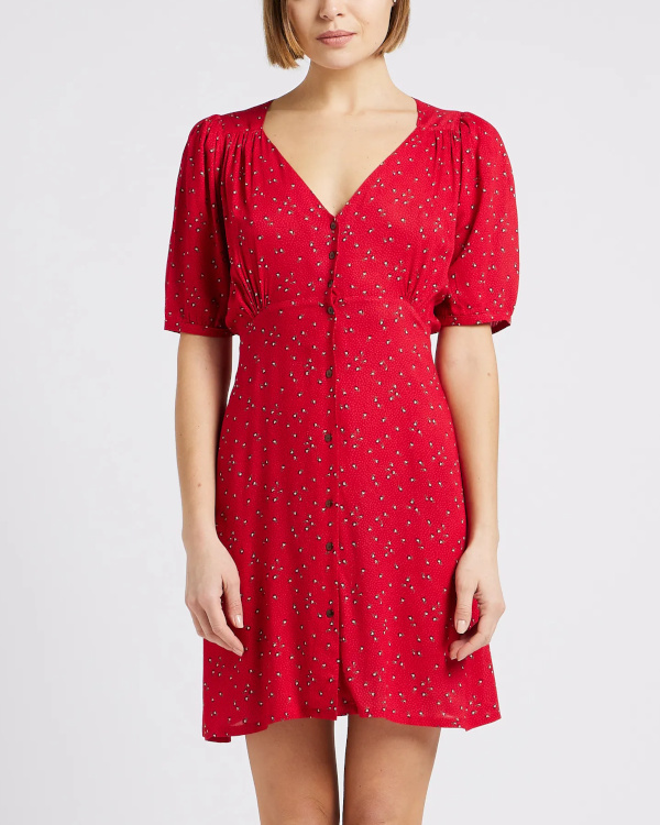 Robe chemise droite encolure V imprim | Rouge