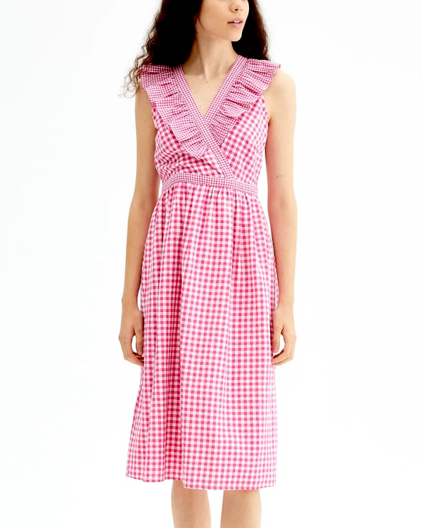 Robe encolure volante, imprim vichy rose