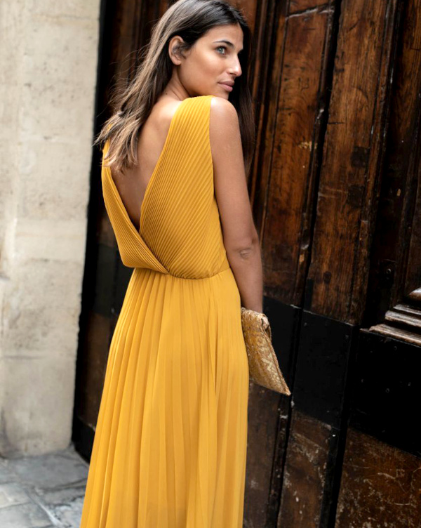 Robe longue jaune moutarde