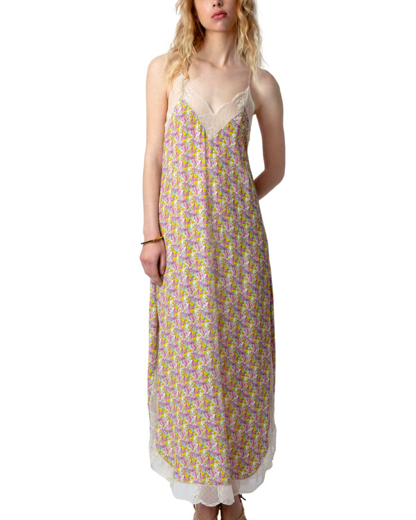 Robe longue en crpe jaune imprim liberty et ailes.