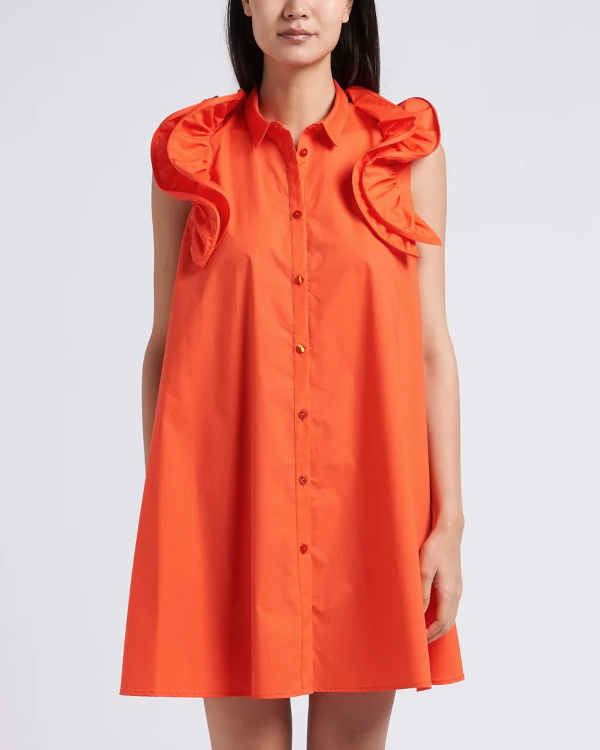 Robe courte vase et volante col italien en coton | Orange