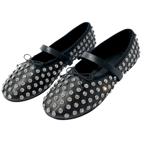 Ballerines ornes de strass en cuir | Noir