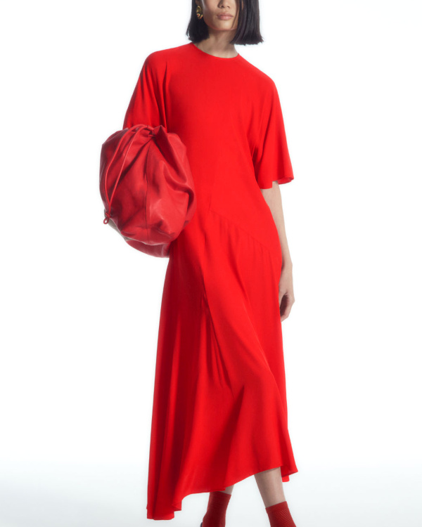 ROBE MIDI DRAPE ASYMTRIQUE rouge