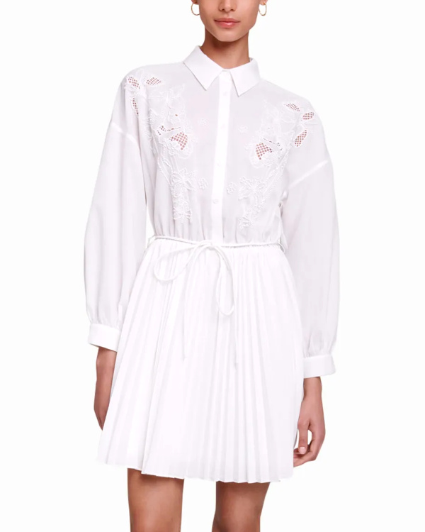 Robe chemise courte brode  perles | Blanc