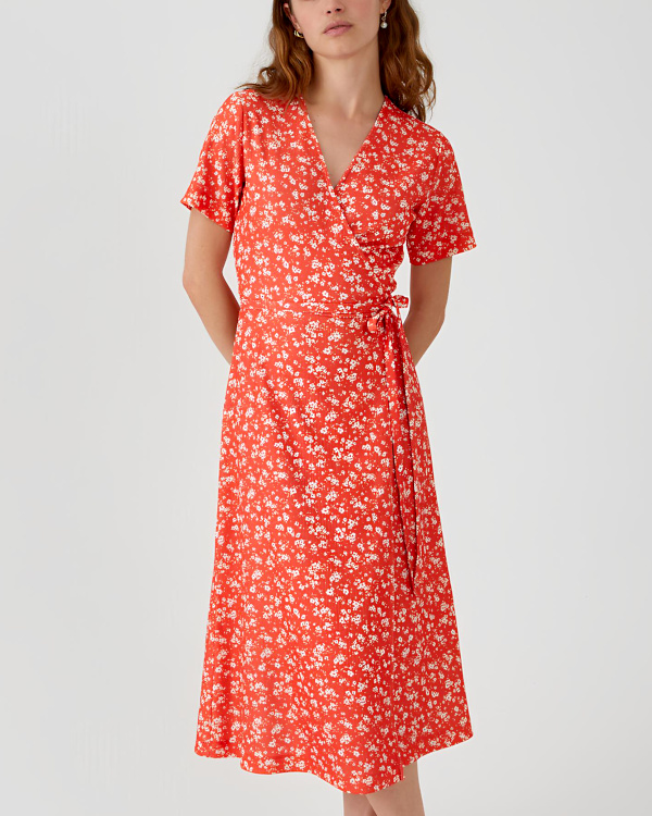 Robe cache-cur imprim floral, longueur midi, 3/4