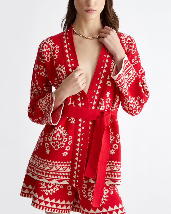 Kimono en maille jacquard rouge