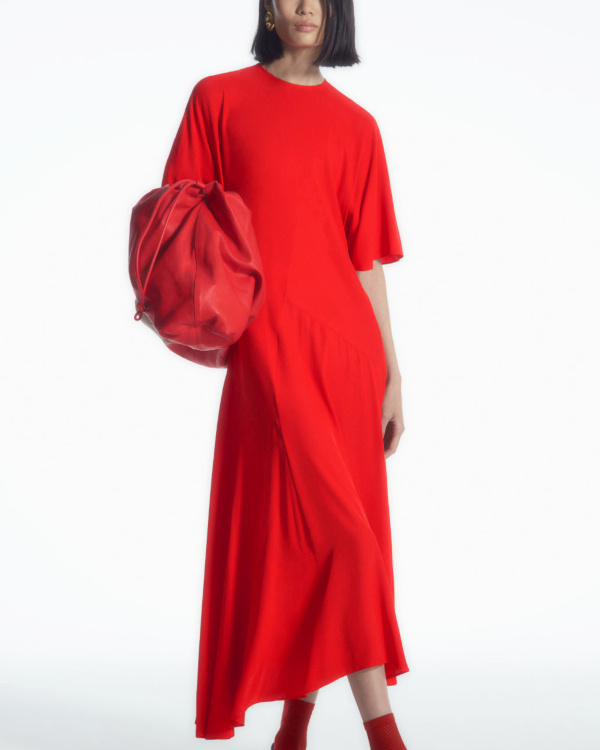 ROBE MIDI DRAPE ASYMTRIQUE rouge